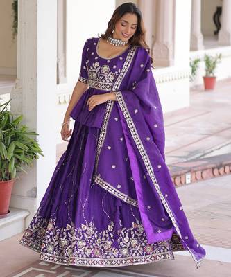 Purple silk blend Free Size Stitched Lehenga Choli with Embroidery & Zari Work 3