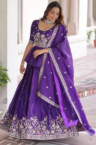 Purple silk blend Free Size Stitched Lehenga Choli with Embroidery & Zari Work