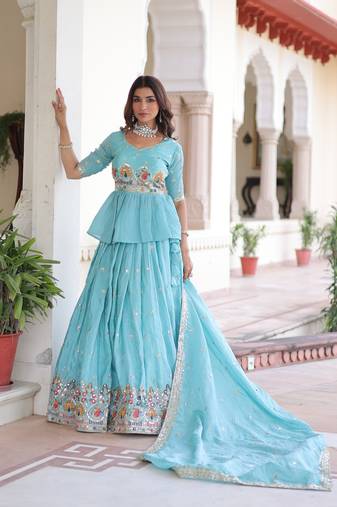 Sky-Blue silk blend Stitched Lehenga Choli with Embroidery & Zari Work