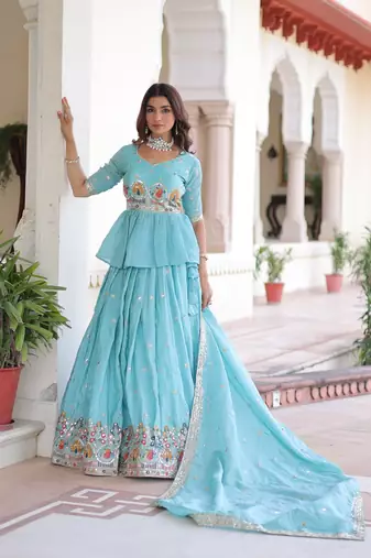 Sky-Blue silk blend Free Size Stitched Lehenga Choli with Embroidery & Zari Work