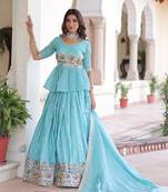 Sky-Blue silk blend Free Size Stitched Lehenga Choli with Embroidery & Zari Work