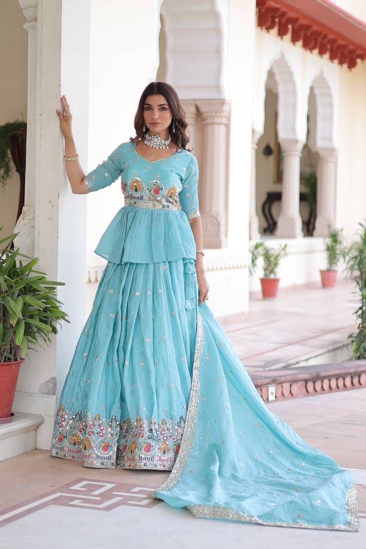 Sky-Blue silk blend Free Size Stitched Lehenga Choli with Embroidery & Zari Work