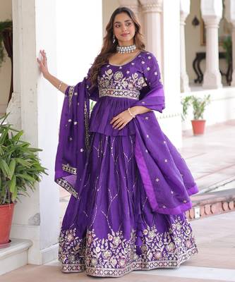 Purple silk blend Free Size Stitched Lehenga Choli with Embroidery & Zari Work 4