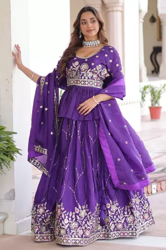 Purple silk blend Free Size Stitched Lehenga Choli with Embroidery & Zari Work
