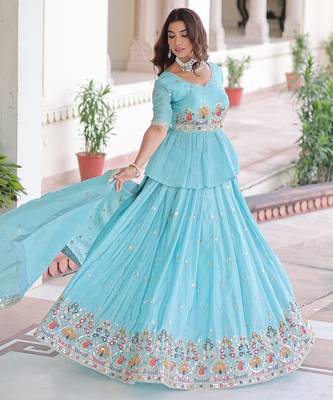 Sky-Blue silk blend Free Size Stitched Lehenga Choli with Embroidery & Zari Work 2
