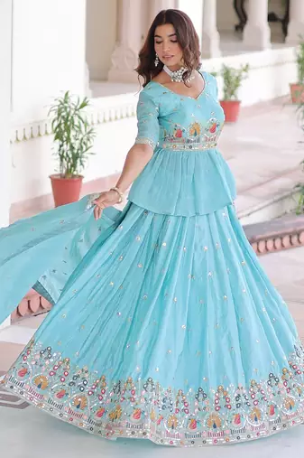 Sky-Blue silk blend Free Size Stitched Lehenga Choli with Embroidery & Zari Work