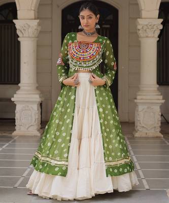 Green Cotton Free Size Stitched Navratri Lehenga Choli with Bandhani & Kutchi Patch Work 1