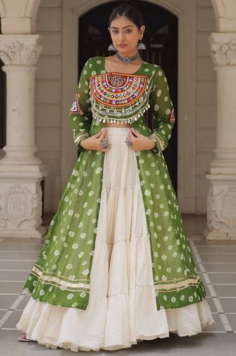 Green Cotton Stitched Navratri Lehenga Choli with Bandhani & Kutchi Patch Work