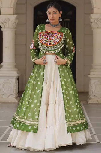 Green Cotton Free Size Stitched Navratri Lehenga Choli with Bandhani & Kutchi Patch Work