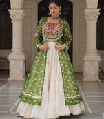 Green Cotton Free Size Stitched Navratri Lehenga Choli with Bandhani & Kutchi Patch Work