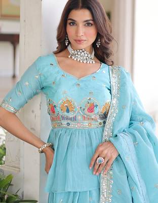 Sky-Blue silk blend Free Size Stitched Lehenga Choli with Embroidery & Zari Work 3