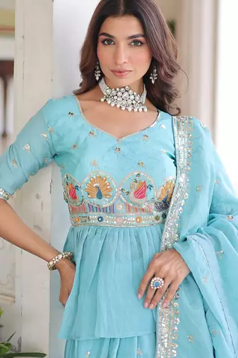 Sky-Blue silk blend Free Size Stitched Lehenga Choli with Embroidery & Zari Work
