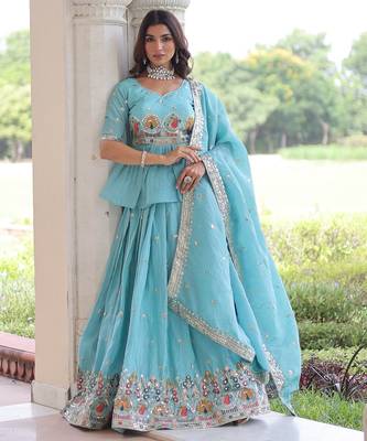 Sky-Blue silk blend Free Size Stitched Lehenga Choli with Embroidery & Zari Work 4