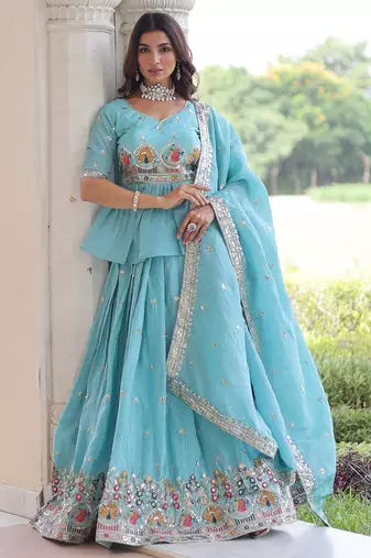 Sky-Blue silk blend Free Size Stitched Lehenga Choli with Embroidery & Zari Work