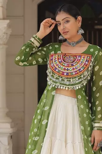 Green Cotton Free Size Stitched Navratri Lehenga Choli with Bandhani & Kutchi Patch Work