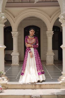 Purple Cotton Free Size Stitched Navratri Lehenga Choli with Bandhani & Kutchi Patch Work 1