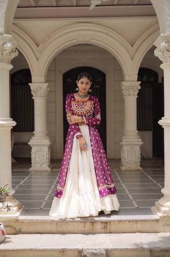 Purple Cotton Stitched Navratri Lehenga Choli with Bandhani & Kutchi Patch Work