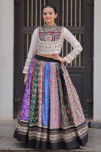 Multicolor Cotton Readymade Stitched Navratri Lehenga Choli with Gota Patti & Mirro Work