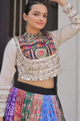Multicolor Cotton Free Size Stitched Navratri Lehenga Choli with Gota Patti & Mirro Work