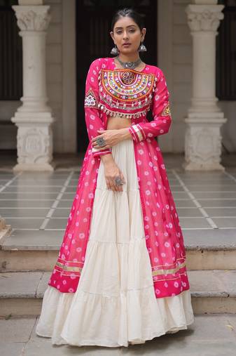 Pink Cotton Stitched Navratri Lehenga Choli with Bandhani & Kutchi Patch Work