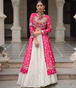 Pink Cotton Free Size Stitched Navratri Lehenga Choli with Bandhani & Kutchi Patch Work