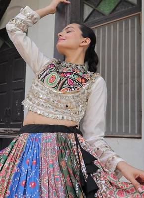 Multicolor Cotton Free Size Stitched Navratri Lehenga Choli with Gota Patti & Mirro Work 3
