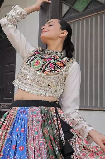 Multicolor Cotton Free Size Stitched Navratri Lehenga Choli with Gota Patti & Mirro Work