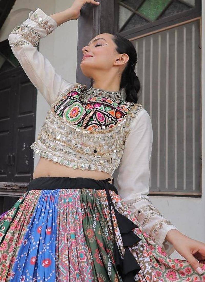 Multicolor Cotton Free Size Stitched Navratri Lehenga Choli with Gota Patti & Mirro Work