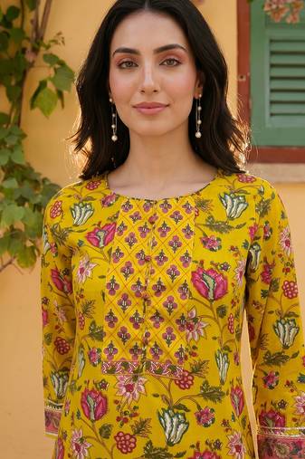 Women rayon yellow floral digital printed regular kurta