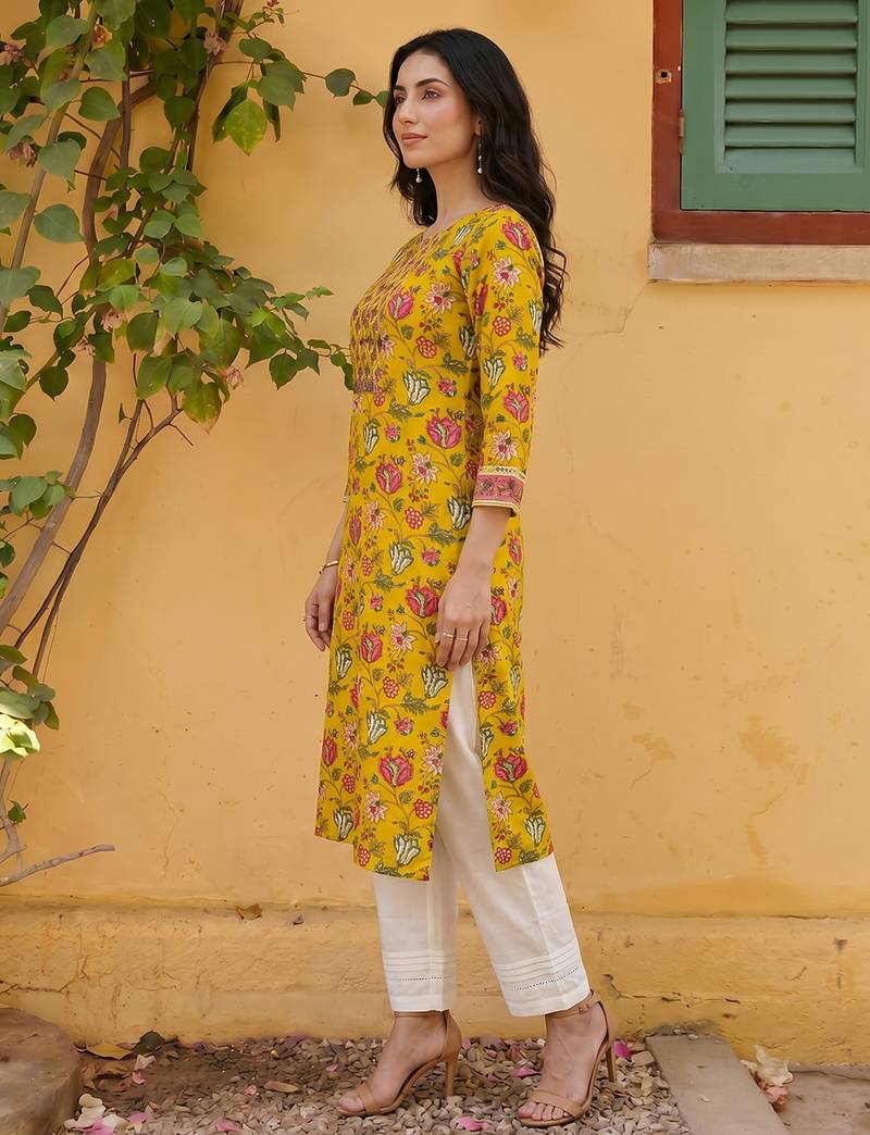 Women rayon yellow floral digital printed regular kurta