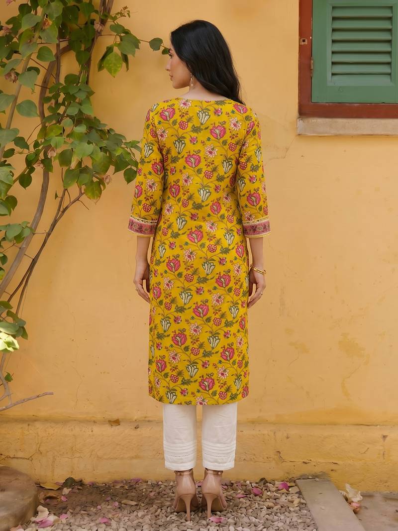 Women rayon yellow floral digital printed regular kurta