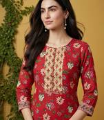 Women rayon red floral digital printed regular kurta