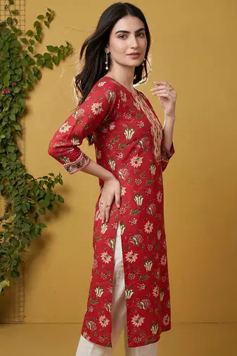 Women rayon red floral digital printed regular kurta