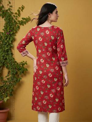 Women rayon red floral digital printed regular kurta 4