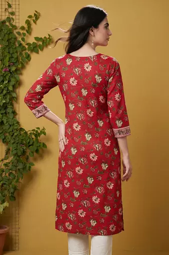 Women rayon red floral digital printed regular kurta