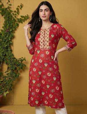 Women rayon red floral digital printed regular kurta 5