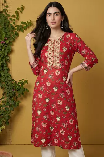 Women rayon red floral digital printed regular kurta