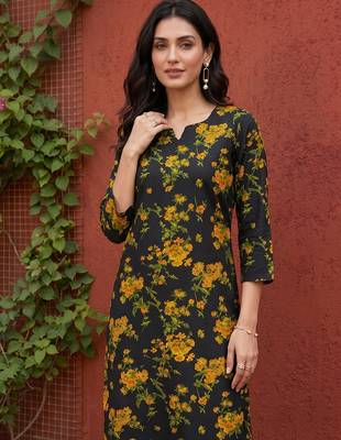 Women rayon black floral digital printed regular kurta 1