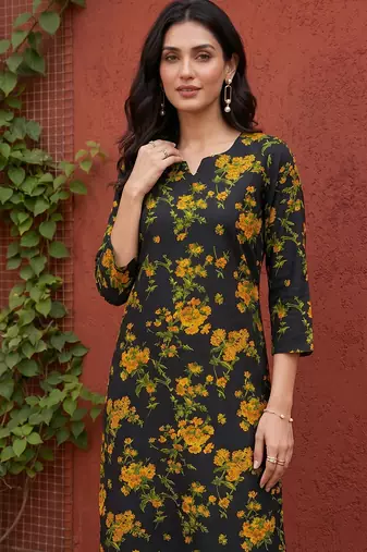 Women rayon black floral digital printed regular kurta