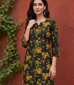 Women rayon black floral digital printed regular kurta