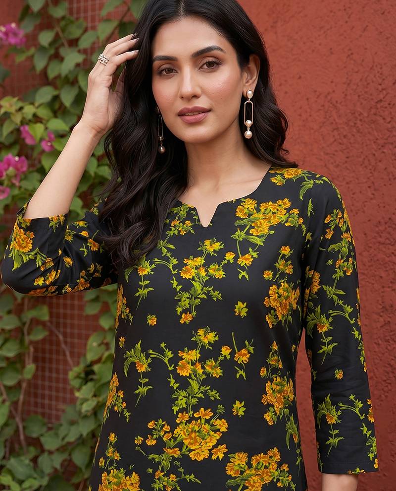 Women rayon black floral digital printed regular kurta