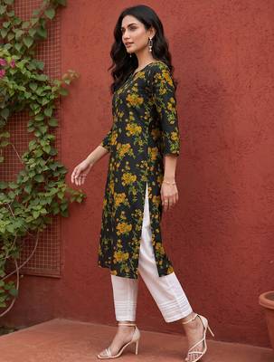 Women rayon black floral digital printed regular kurta 3