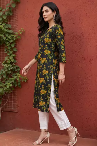 Women rayon black floral digital printed regular kurta