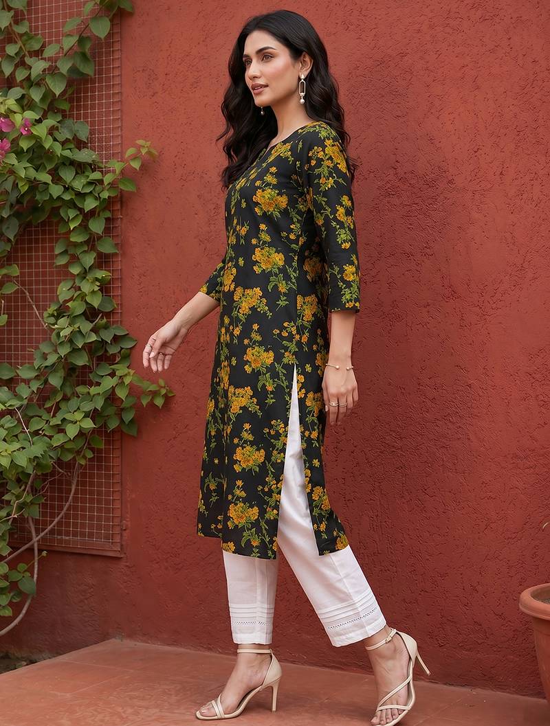 Women rayon black floral digital printed regular kurta