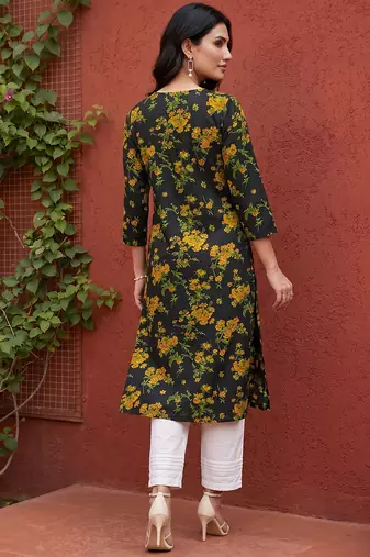 Women rayon black floral digital printed regular kurta