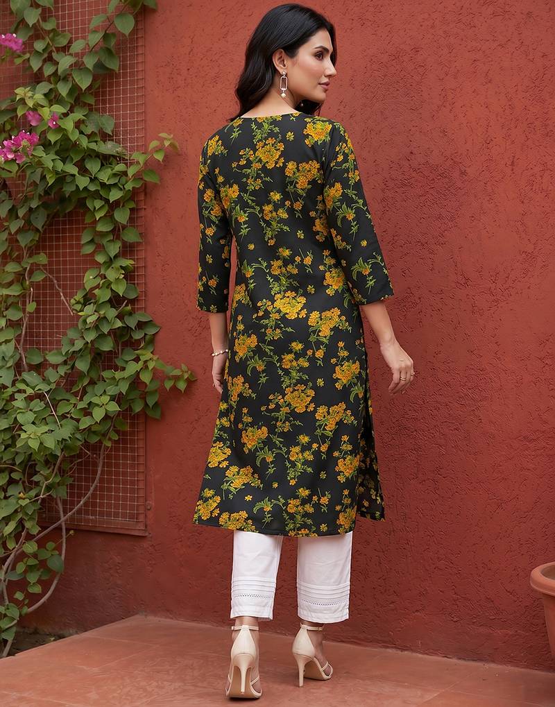 Women rayon black floral digital printed regular kurta