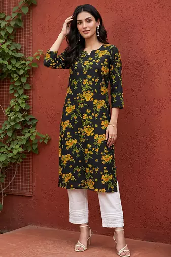 Women rayon black floral digital printed regular kurta