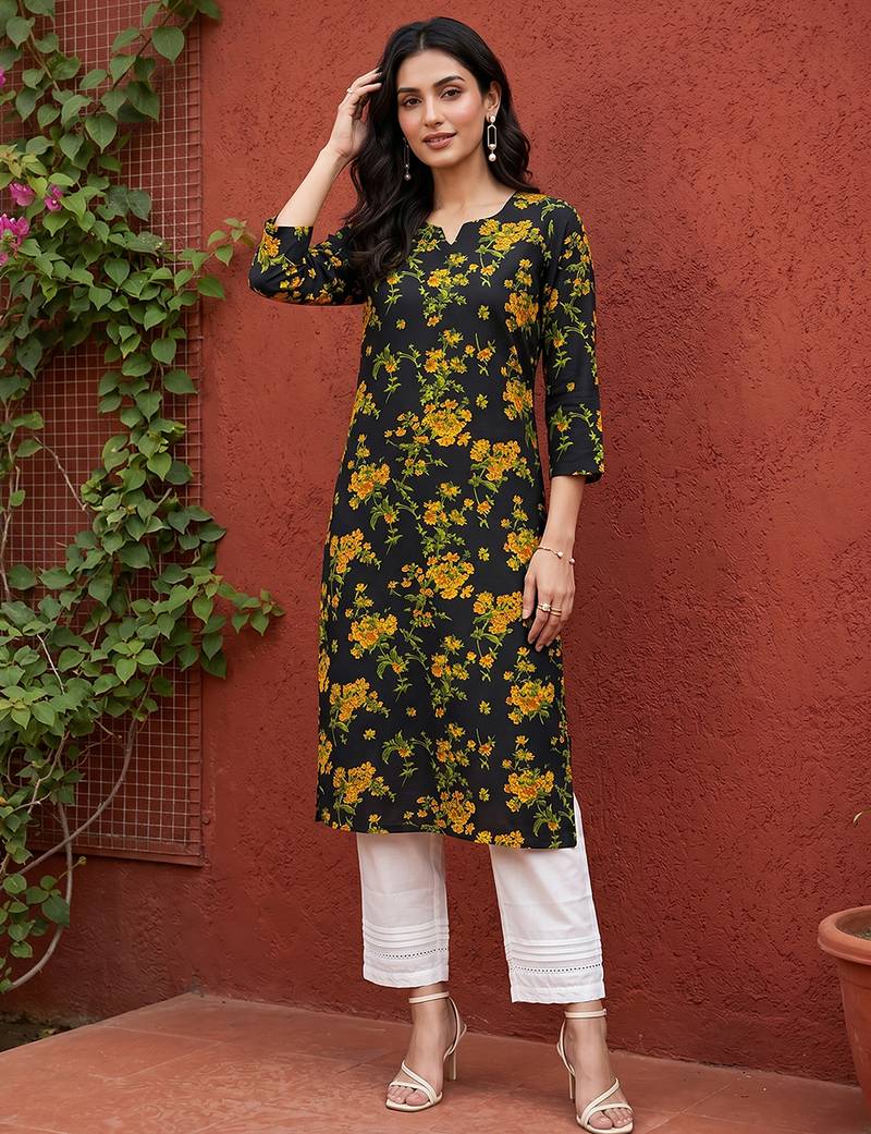 Women rayon black floral digital printed regular kurta