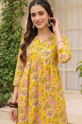 Women cotton blend yellow floral digital printed regular kurta