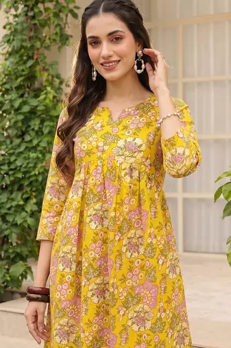 Women cotton blend yellow floral digital printed regular kurta
